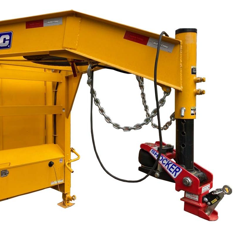 Shocker Gooseneck Surge Air Hitch & Coupler on Sure-Trac Trailer (Round Stem - Angled Pin)