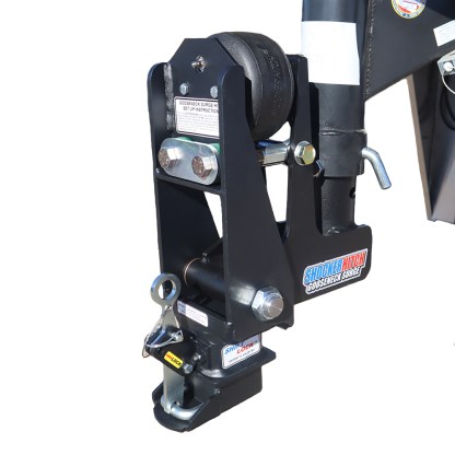 Shocker Gooseneck Surge Air Hitch and 9" Offset Coupler - Installed - Round Stem - Angled Pin Hole