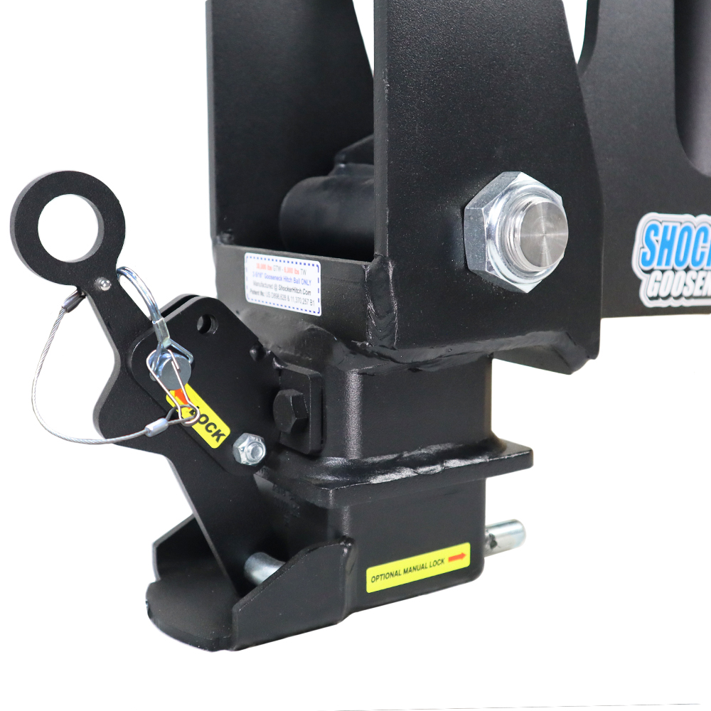 Patented Dual Latching Gooseneck 9" Offset Shift Lock Coupler Captures Both Sides of Ball (Shown Locked)