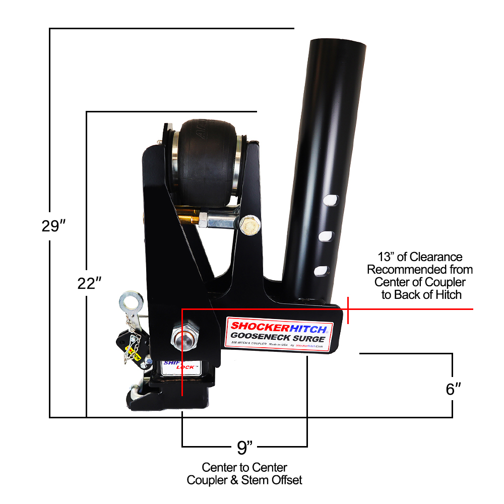 Shocker Gooseneck Surge Air Hitch with 9" Offset Coupler - Measurement Diagram