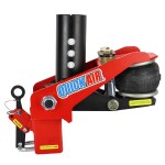 Red Quick Air hydraulic car jack with a vertical lifting post and large wheel, shown from the side.