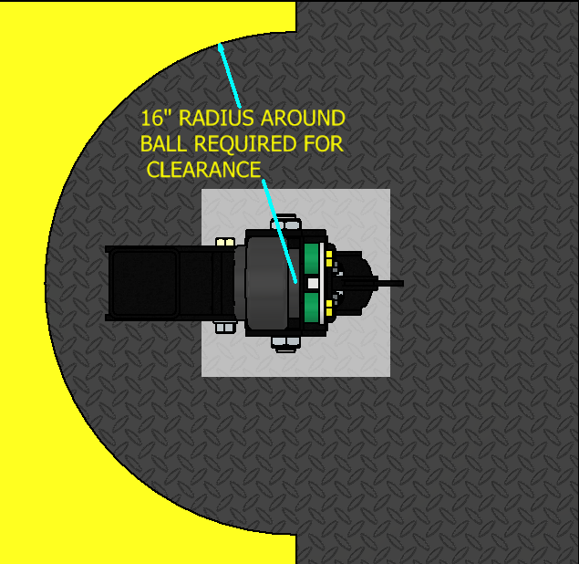 Hitch must rotate at an 16" radius around the ball to prevent contact with items in bed (black offset frame).