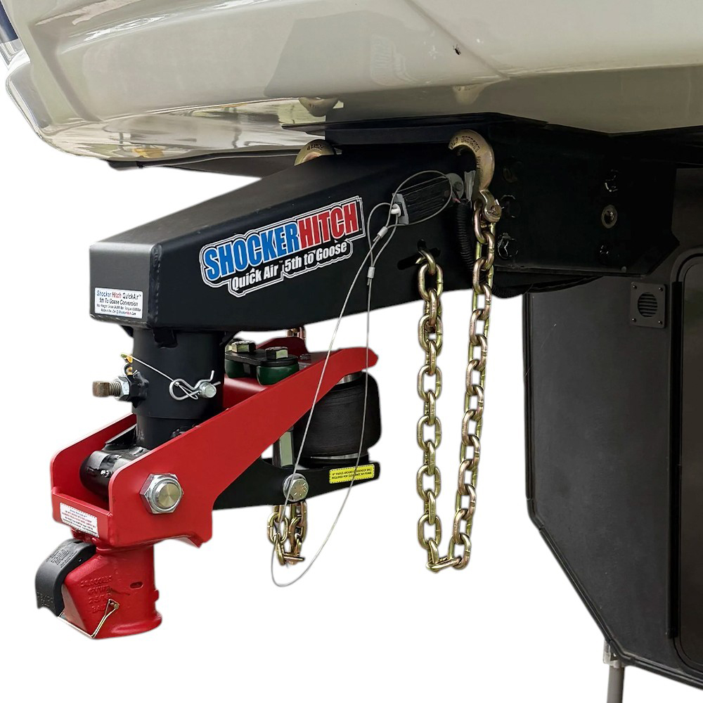 Quick Air 5th Wheel to Gooseneck with Demco Coupler Kit Installed w/ Chains on Camper