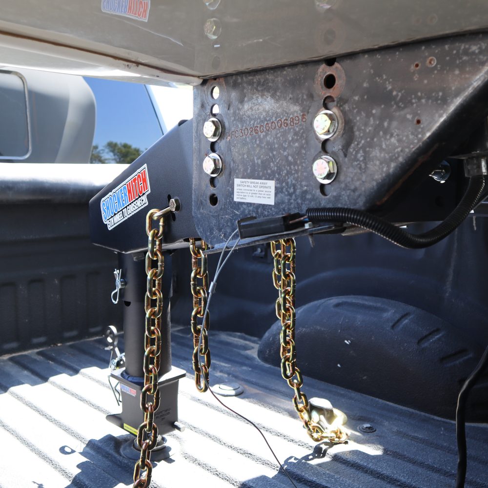 Shocker 5th Wheel to Shift Lock Gooseneck Coupler Kit Installed with Chains - Rear View