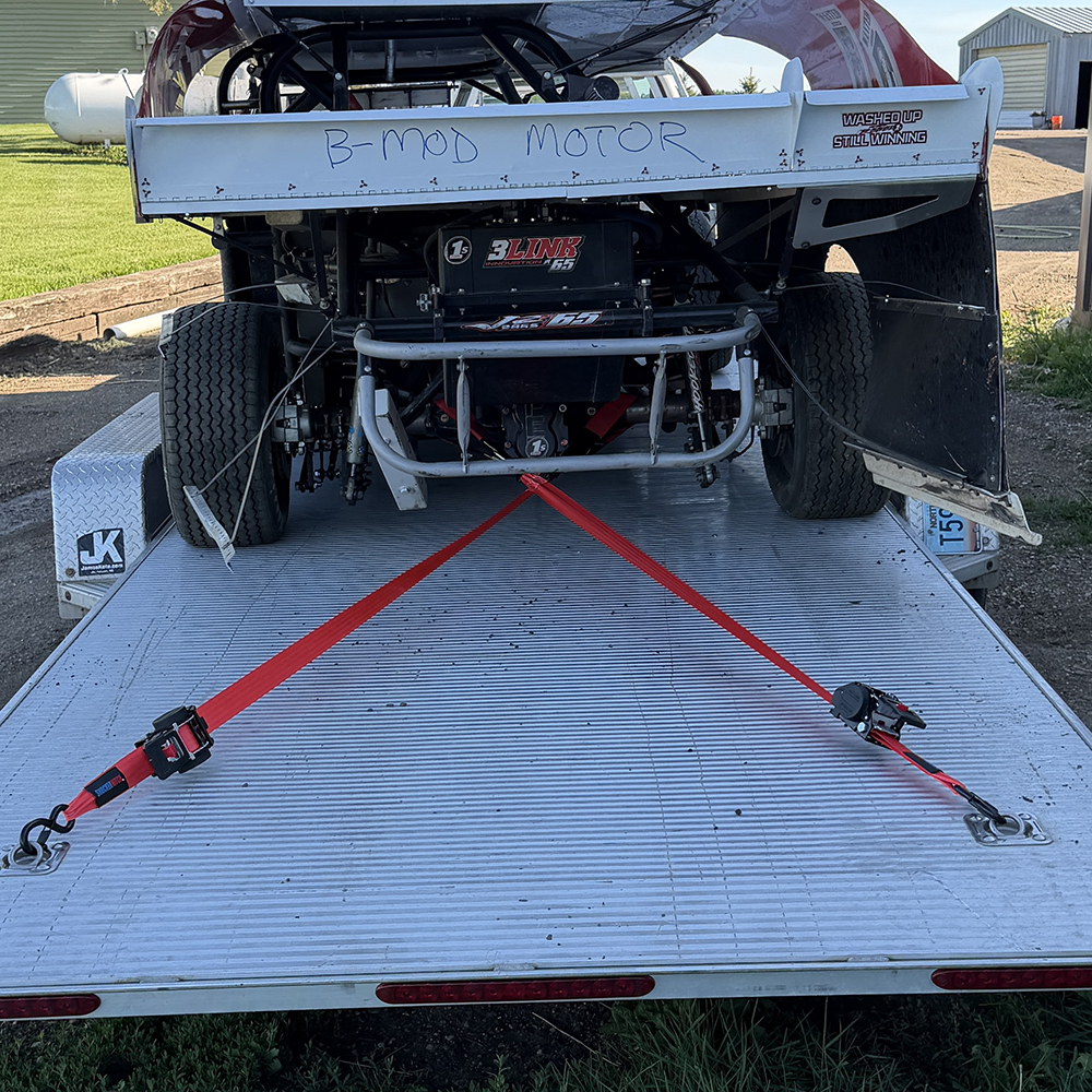 Retractable 2" Ratchet Straps - In Use - On Racecar