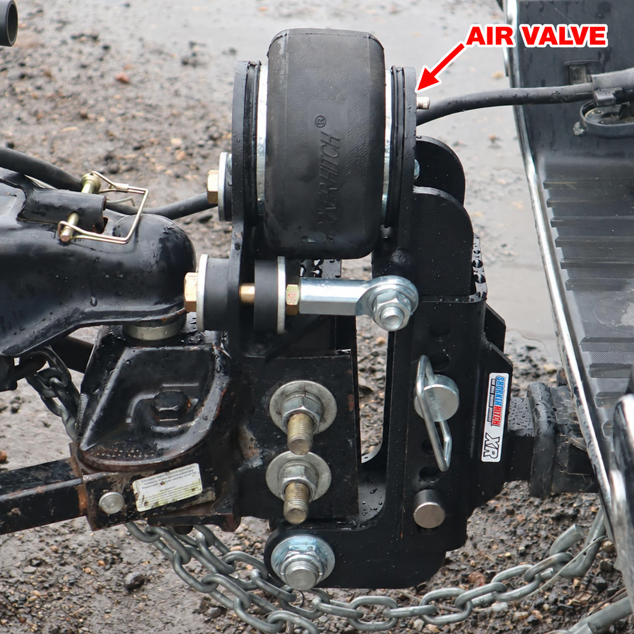 Arrow pointing to the air inflation valve on a Shocker Air Equalizer