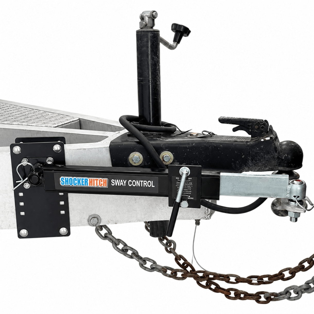 SH-1101 single friction sway arm connected to an SH-7010 clamp-on aluminum trailer frame bracket and hitch sway tab.