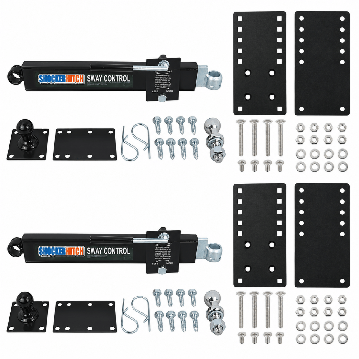 SH-1102 kit contents on white: two SH-1001 friction sway arm and ball kits plus two SH-7010 clamp kits and hardware.