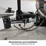 Illustrated SH-1102 sway control setup with clamp plates straddling both trailer A-frame rails; the far-side arm is obscured by the frame.
