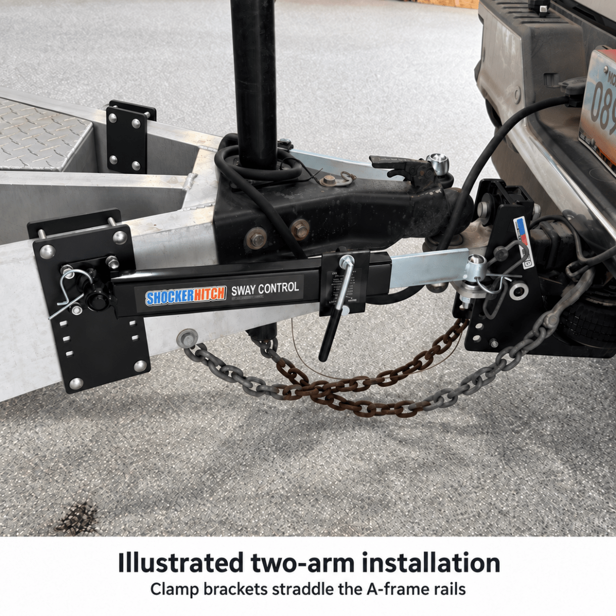 Illustrated SH-1102 sway control setup with clamp plates straddling both trailer A-frame rails; the far-side arm is obscured by the frame.
